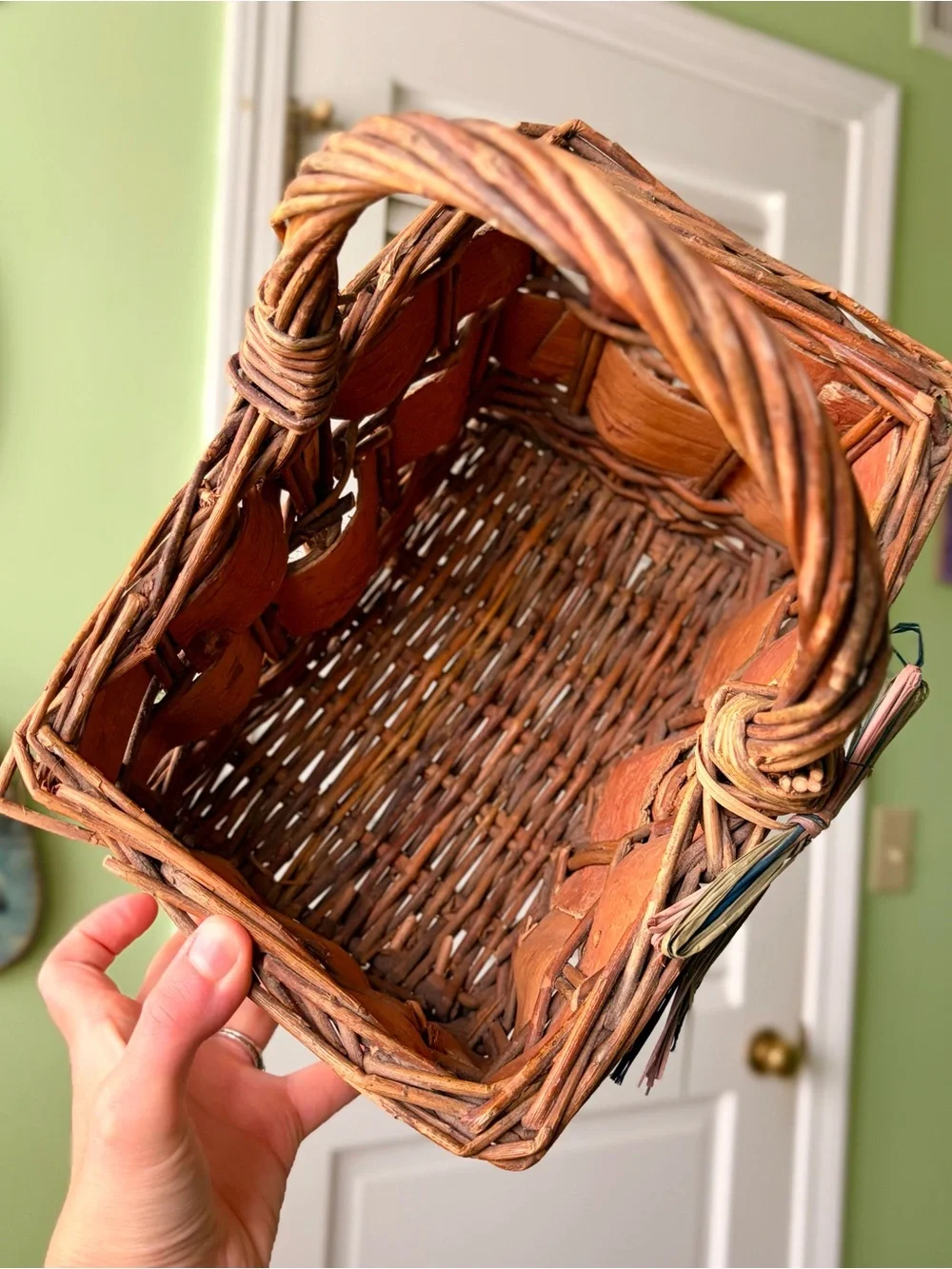 Vintage Handmade Woven Rustic Birch & Wicker Handled Basket - Brown